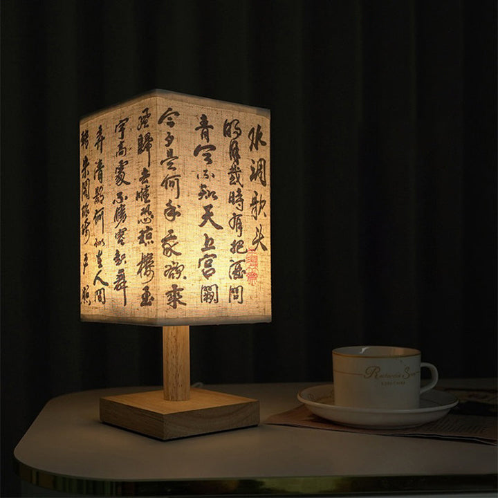LED table lamp in a square design – wooden base with Japanese pattern | Stornfield