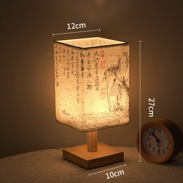 LED table lamp in a square design – wooden base with Japanese pattern | Stornfield