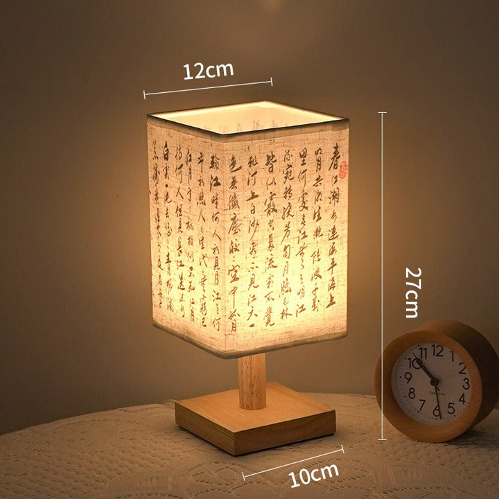 LED table lamp in a square design – wooden base with Japanese pattern | Stornfield
