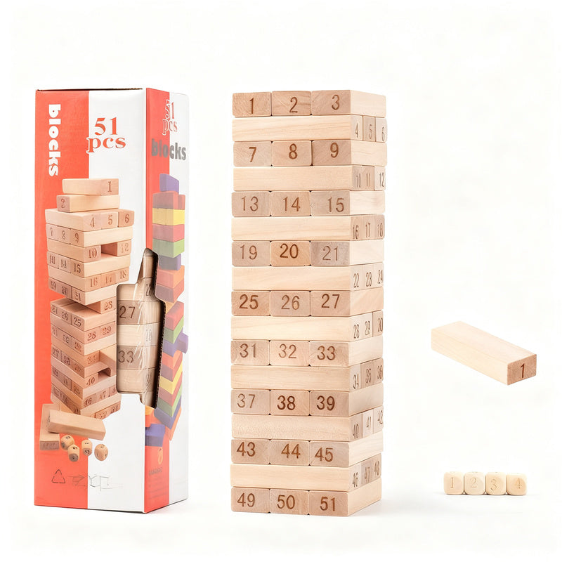Wood stacking game, 48–51 pieces