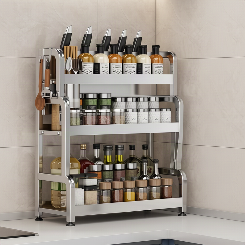 Stainless steel kitchen shelf, multi-tiered, for worktop