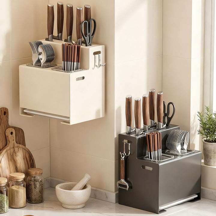 Knife and cutlery rack made of carbon steel for the countertop