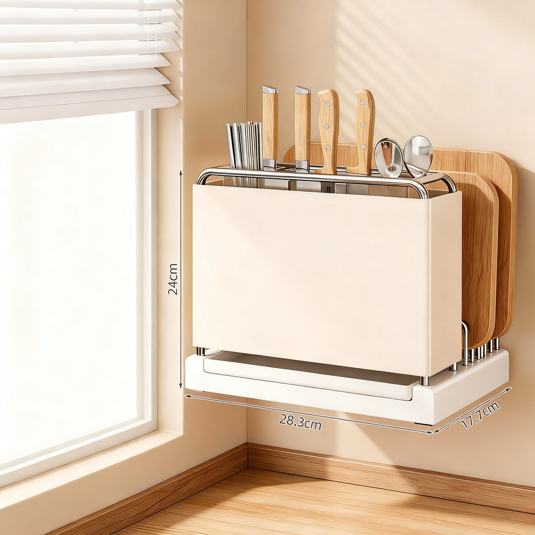 Multifunctional kitchen shelf with knife holder and draining tray