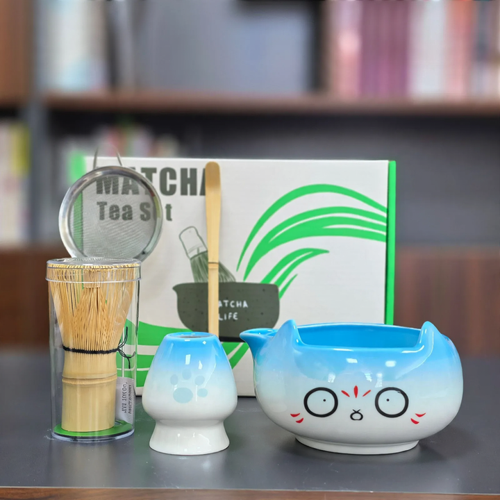 Matcha Bowl Set, Ceramic, Cat Design, Japanese