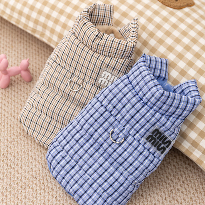 Dog jacket, check pattern, with leash, cotton
