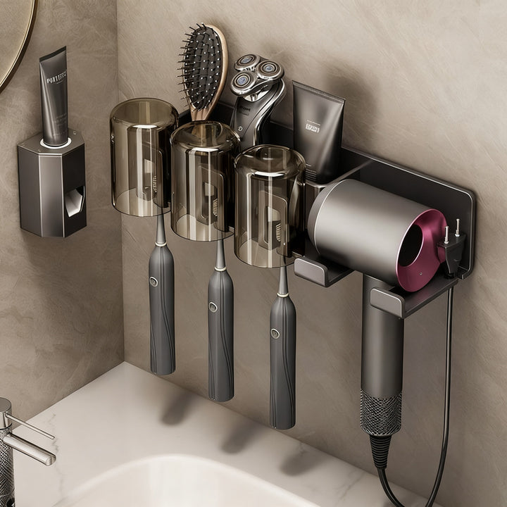 Toothbrush and hairdryer holder made of aluminum, suction cup