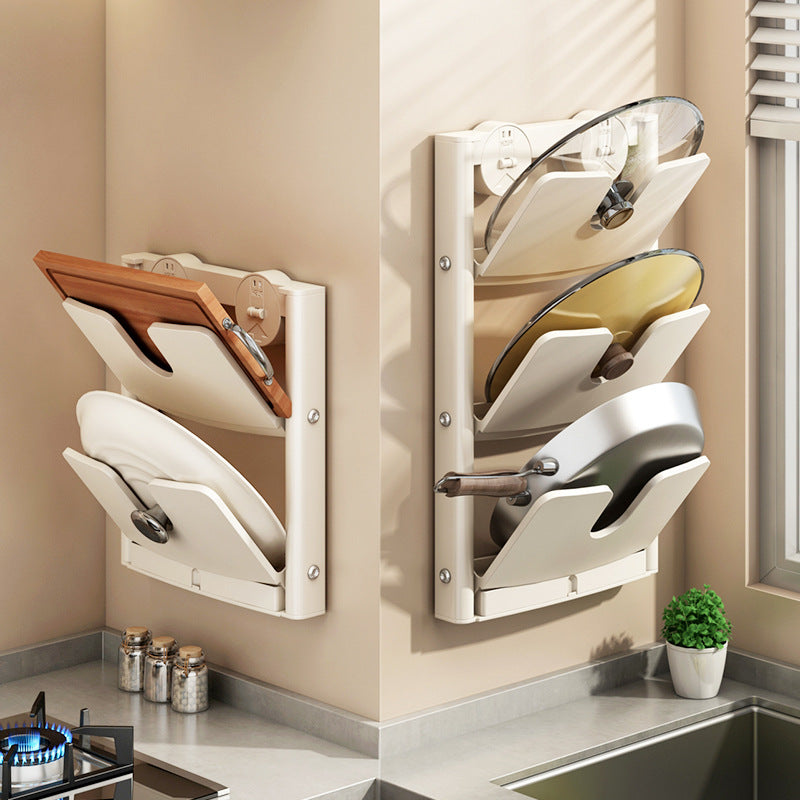 Wall shelf for pot lids and kitchen utensils, foldable