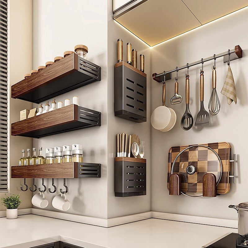Kitchen shelf walnut look, wall-mounted, no drilling