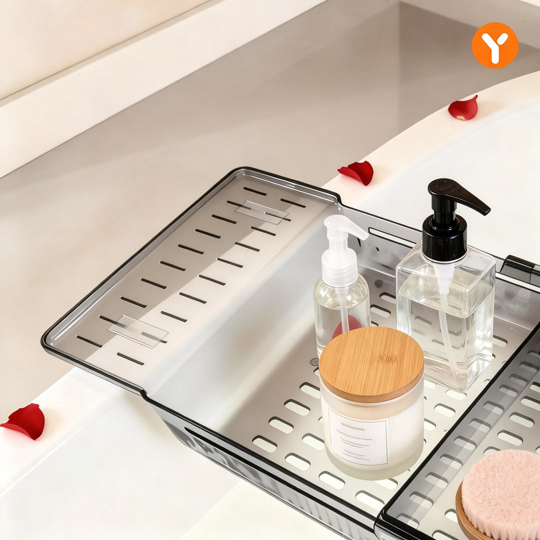 Expandable bathtubl shelf with drain