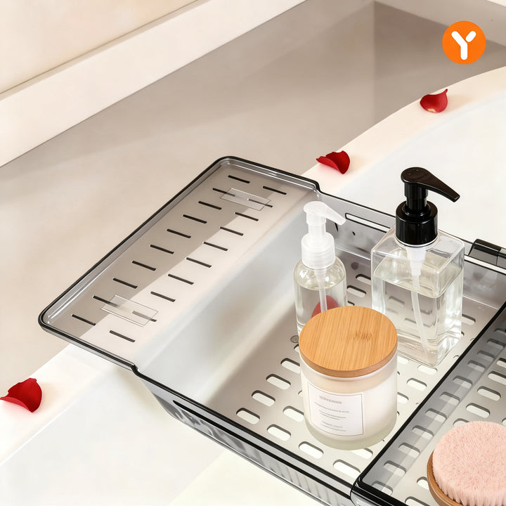 Expandable bathtubl shelf with drain