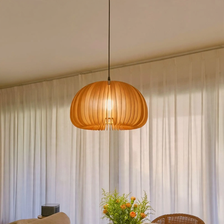 Wooden hanging lamp with LED, height adjustable
