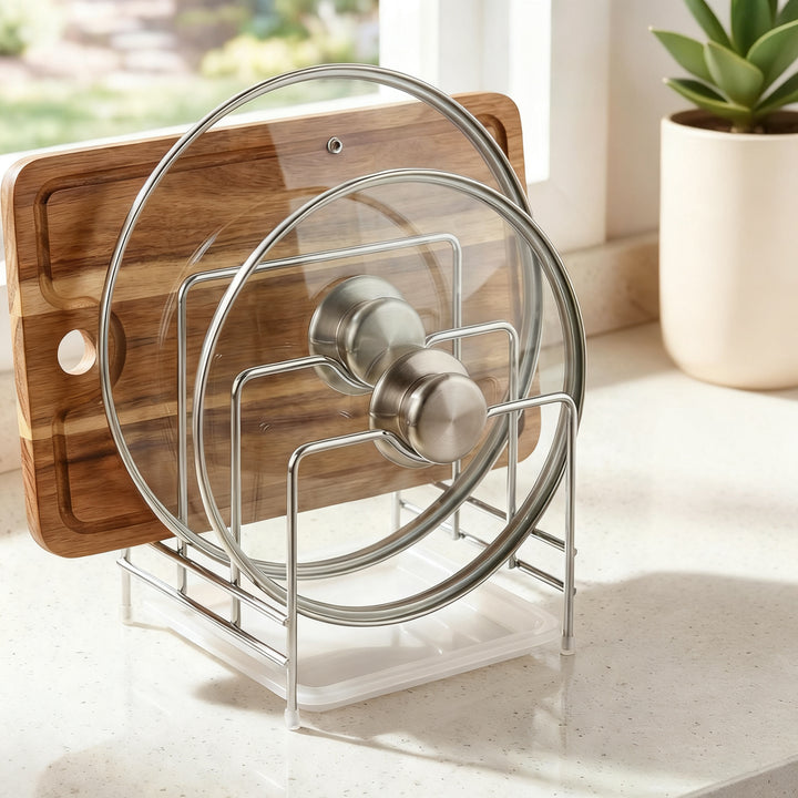 Stainless steel kitchen shelf for knives, boards, and lids