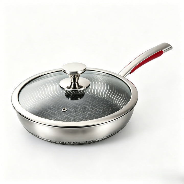 Stainless steel frying pan with glass lid