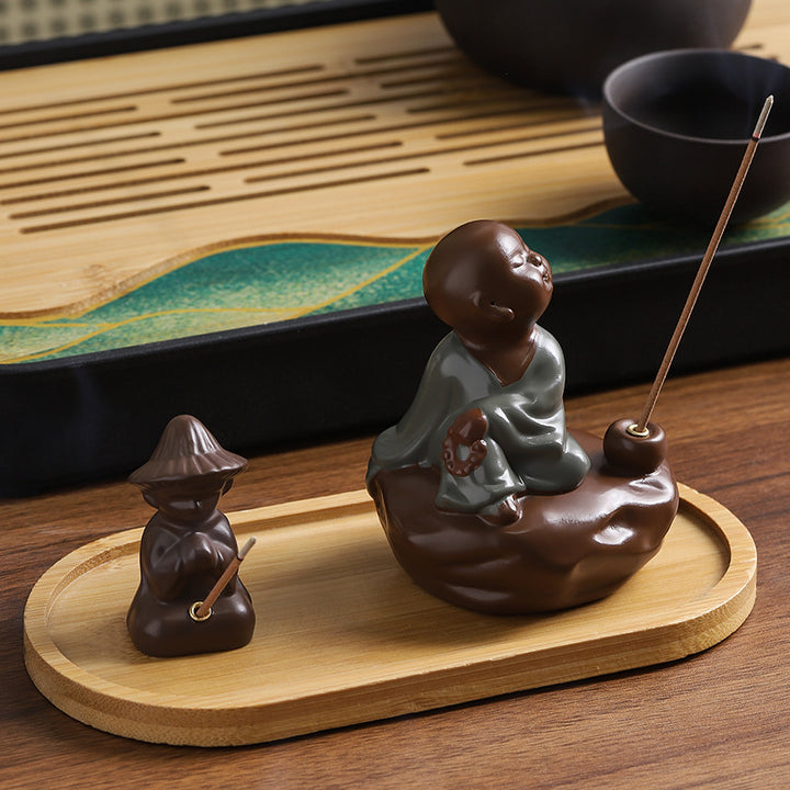 Incense stick holder lotus leaf and fisherman, resin