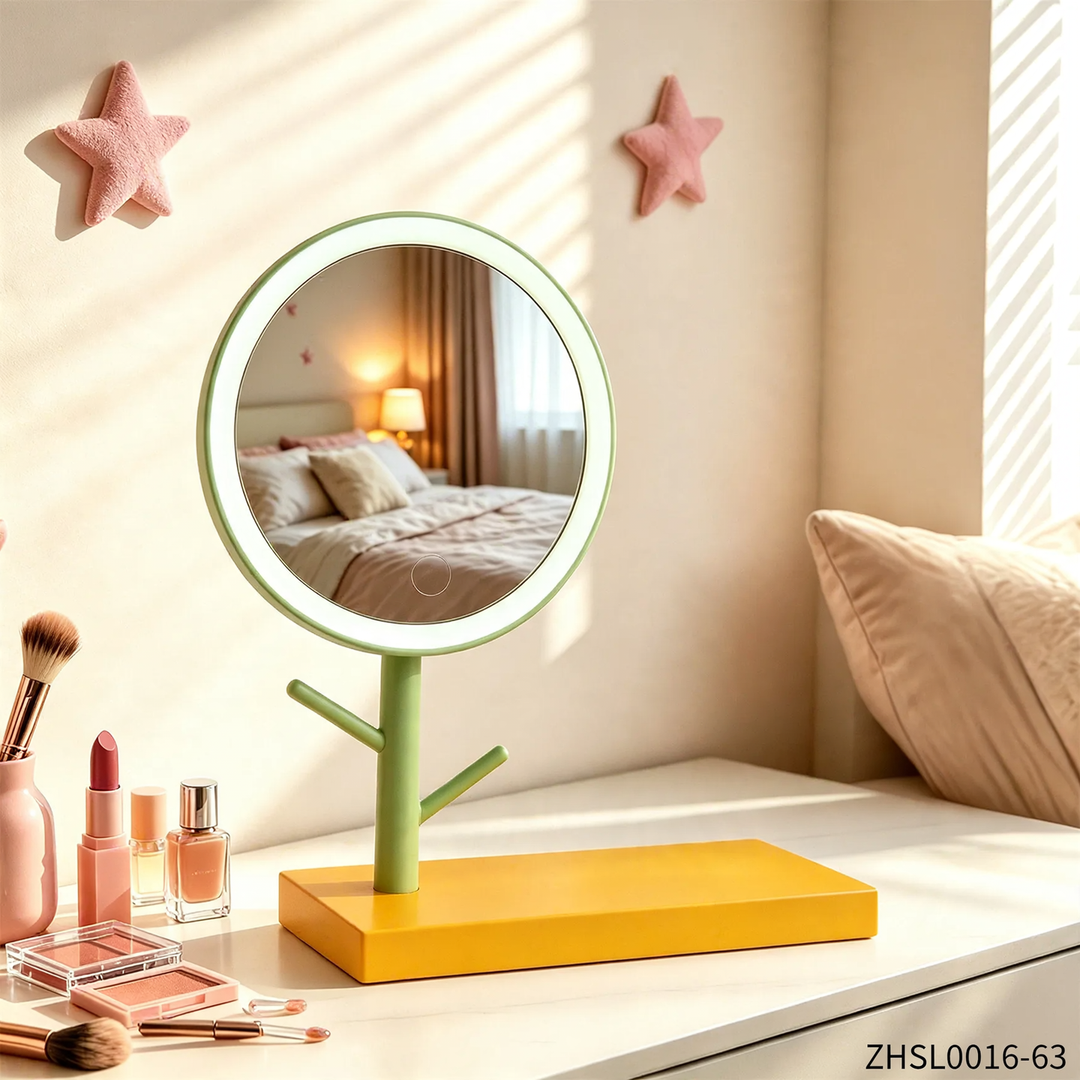 Makeup mirror with LED lighting and shelf