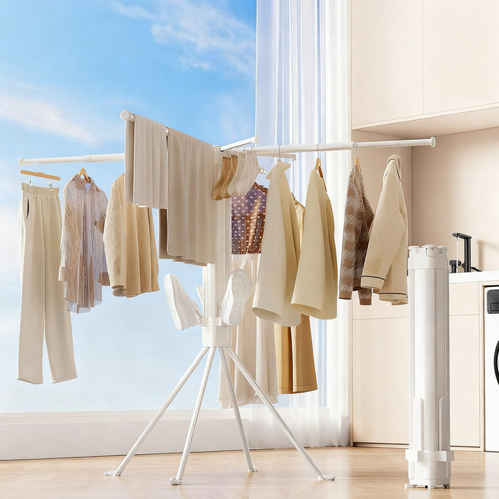 Folding laundry rack with 4 extendable rods