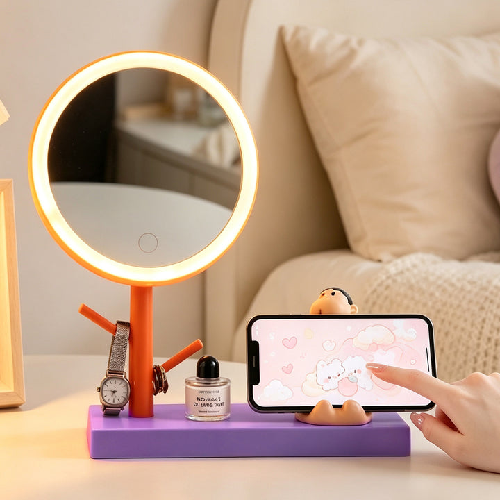 LED makeup mirror with stand and phone holder