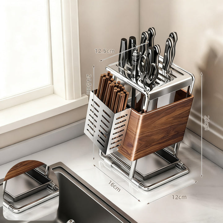 Carbon steel knife holder with cutlery compartment