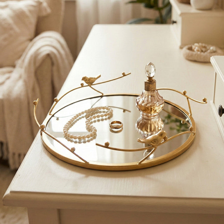 Mirror tray with bird motif, iron, square or round