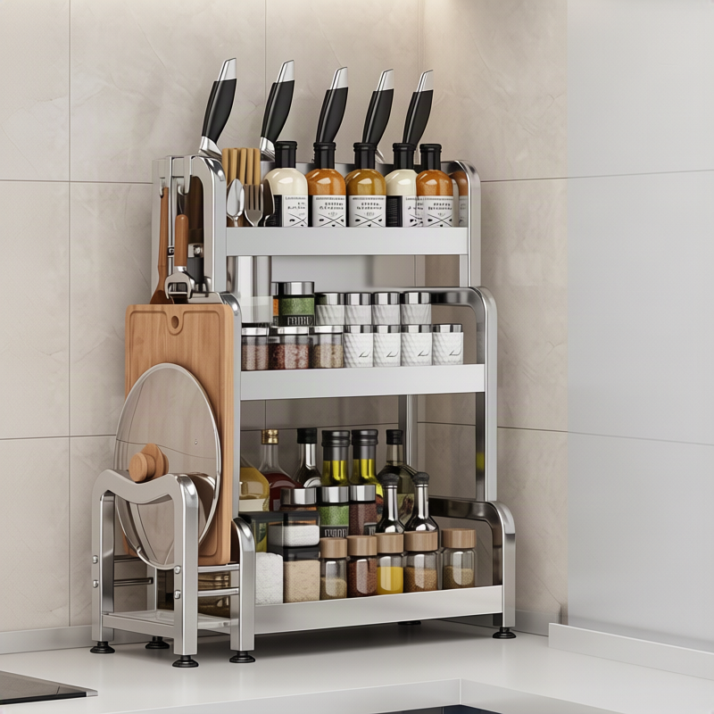 Stainless steel kitchen shelf, multi-tiered, for worktop