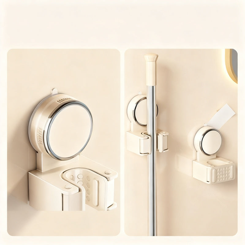 Suction cup holder for mop and broom