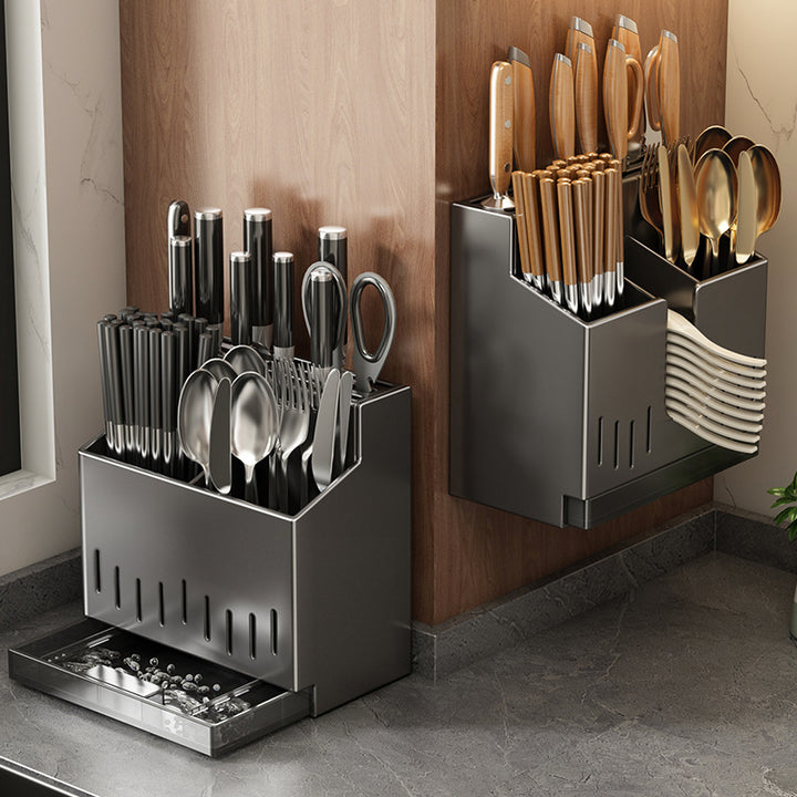 Stainless steel wall shelf for knives and chopsticks
