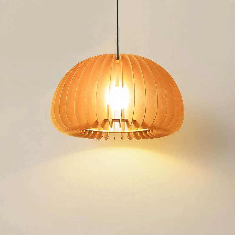 Wooden hanging lamp with LED, height adjustable