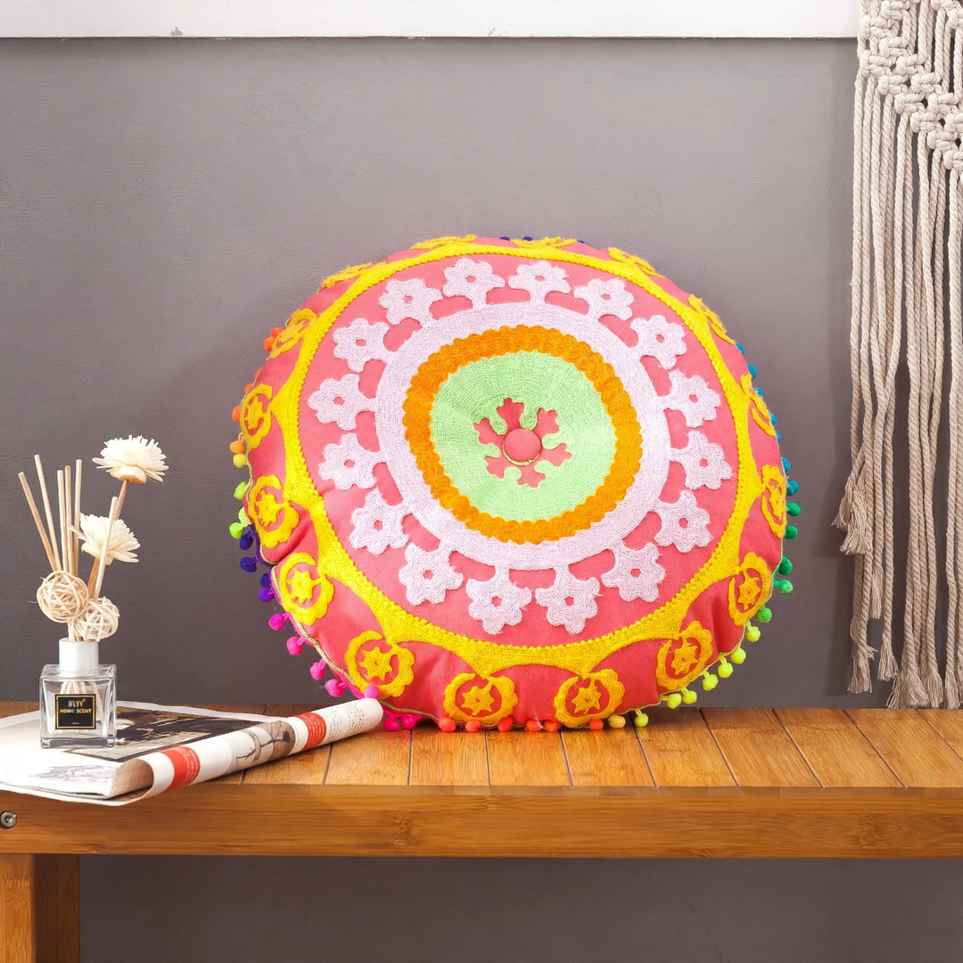 Round seat cushion, hand-embroidered, Boho style