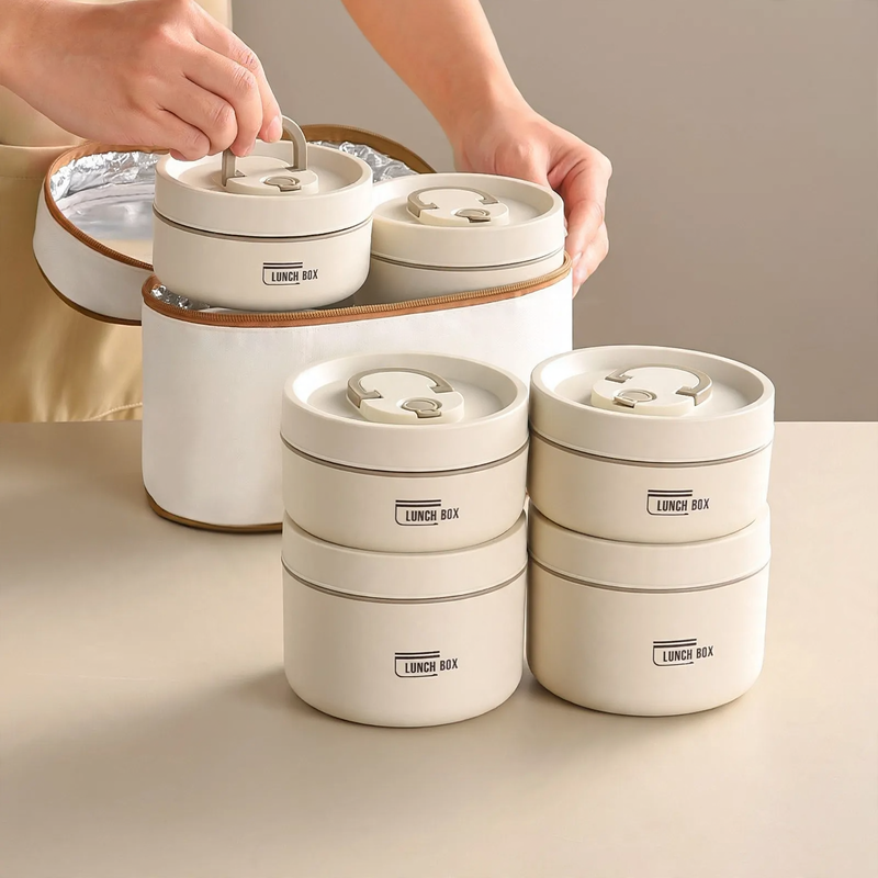 Stainless steel lunch box, round, 470–600 ml, with lid