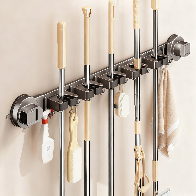 Suction cup holder for brooms and cleaning tools