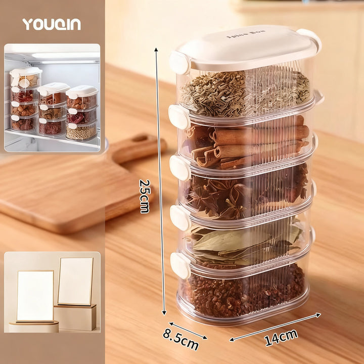 Spice box with closure, stackable