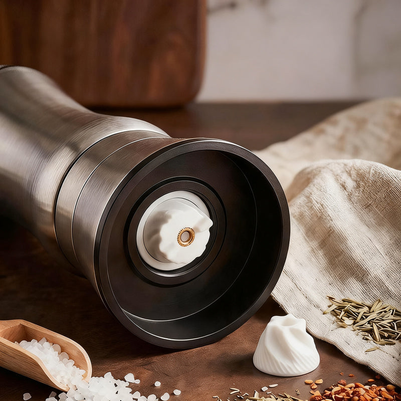 Stainless steel pepper mill with ceramic grinder