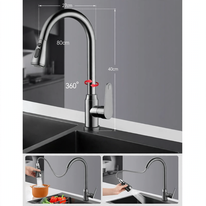 Kitchen faucet with retractable spout, cold and hot water