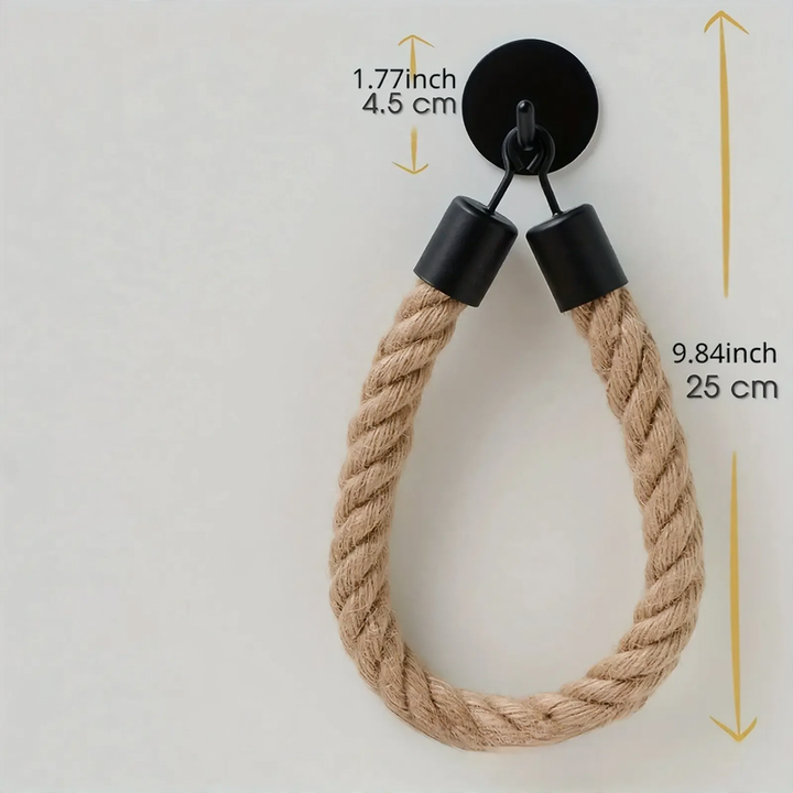 Toilet paper holder with rope and metal hook