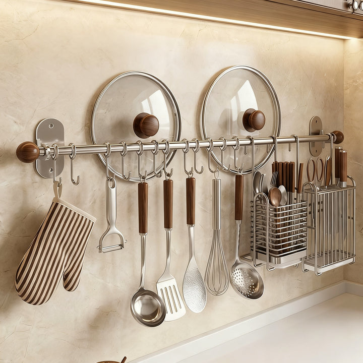 Wall mount made of stainless steel with hooks for kitchen utensils