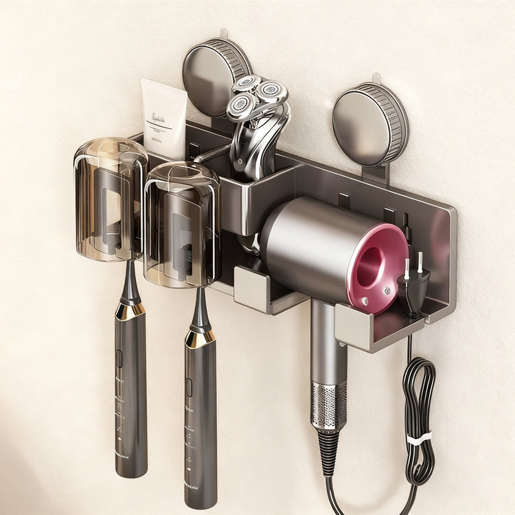 Suction cup toothbrush and hair dryer holder, wall-mounted