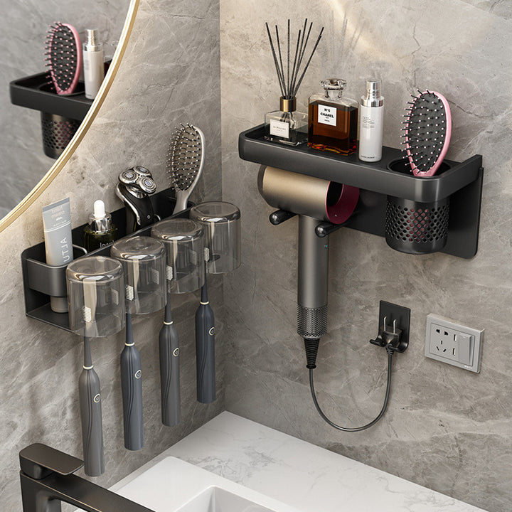 Hairdryer wall holder with toothbrush shelf