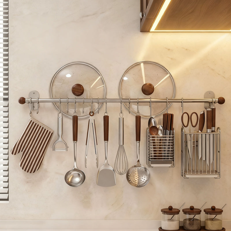 Wall mount made of stainless steel with hooks for kitchen utensils