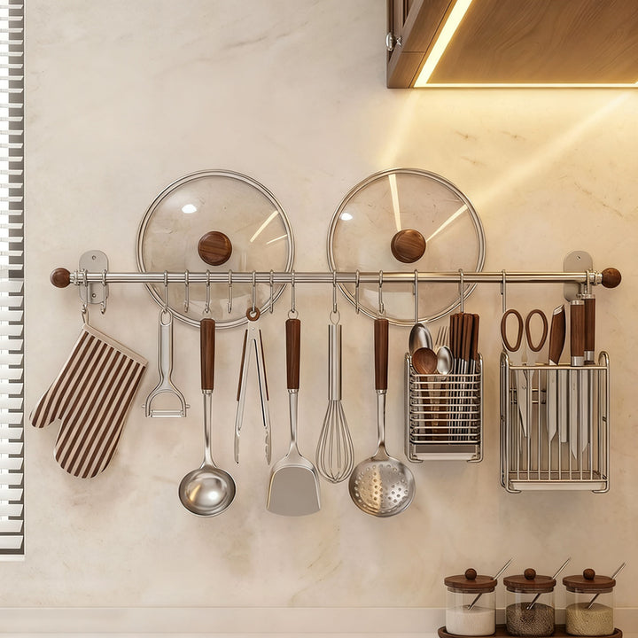Wall mount made of stainless steel with hooks for kitchen utensils