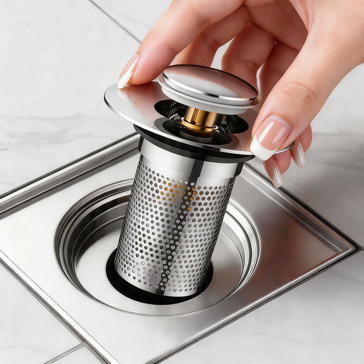 Push-button drain valve for sink, copper-plastic