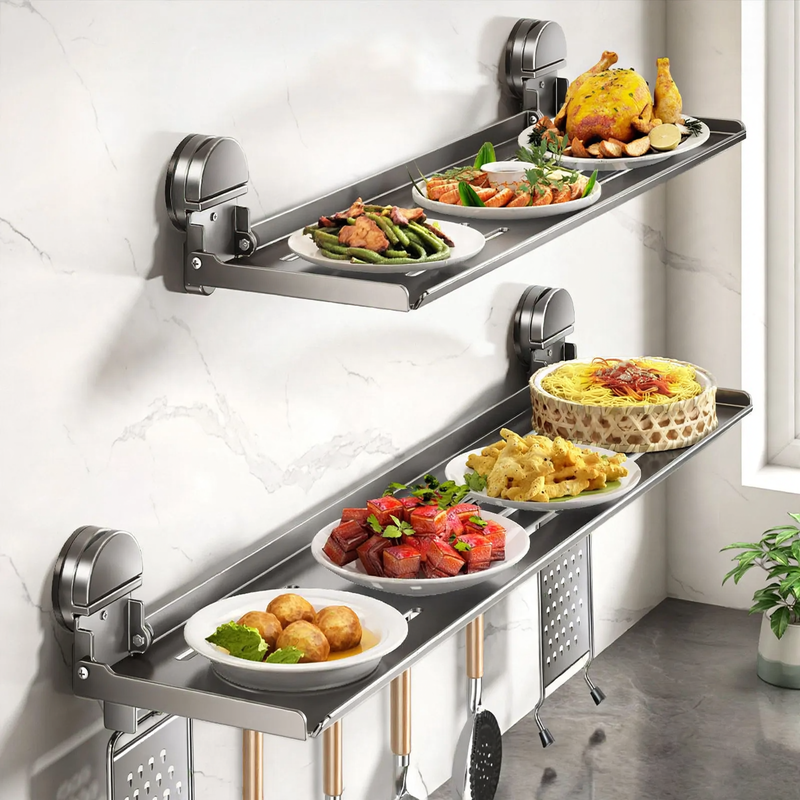 Wall-mounted kitchen shelf with suction cup, foldable