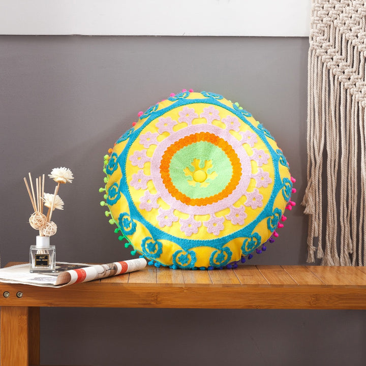 Round seat cushion, hand-embroidered, Boho style