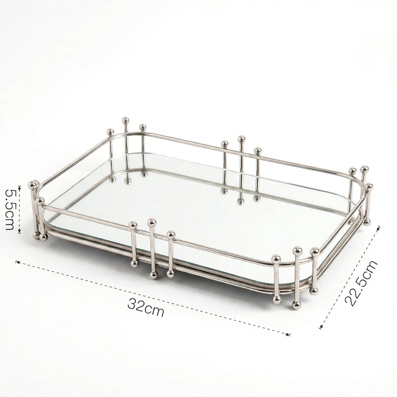 Metal mirror tray, silver, geometric