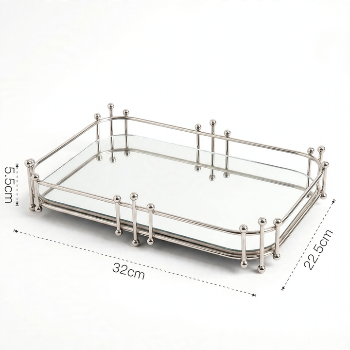 Metal mirror tray, silver, geometric