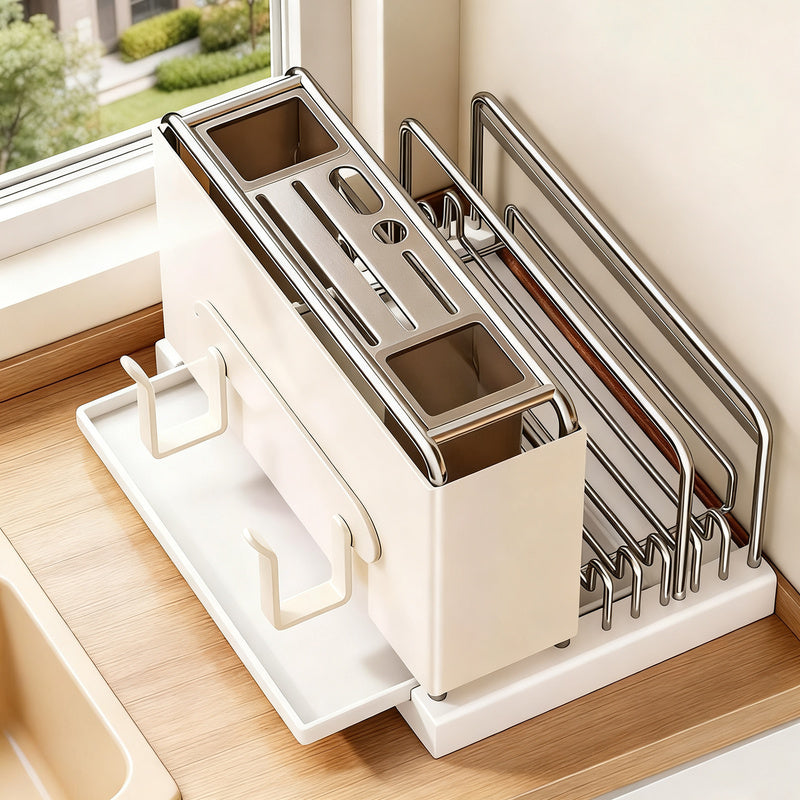 Multifunctional kitchen shelf with knife holder and draining tray