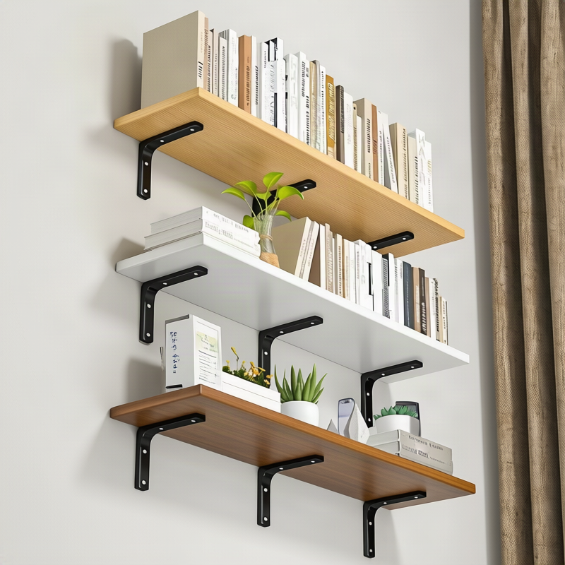 Wooden wall shelf, 140–240 cm, with metal brackets