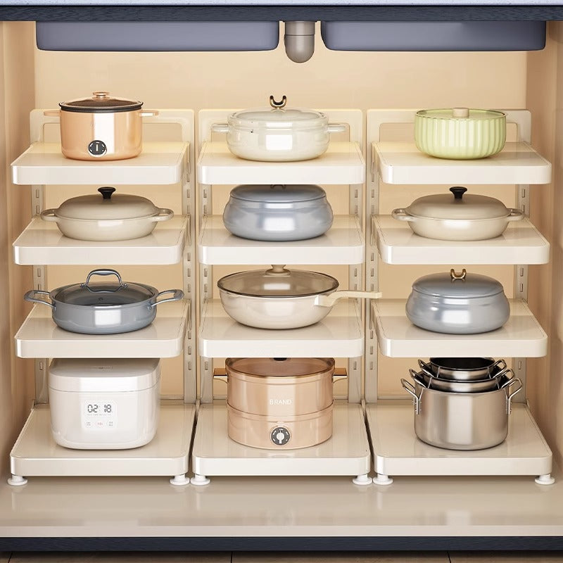 Multi-tier kitchen shelf for pots and pans