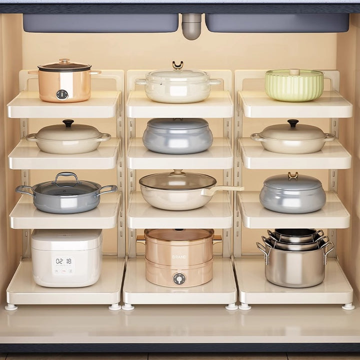 Multi-tier kitchen shelf for pots and pans