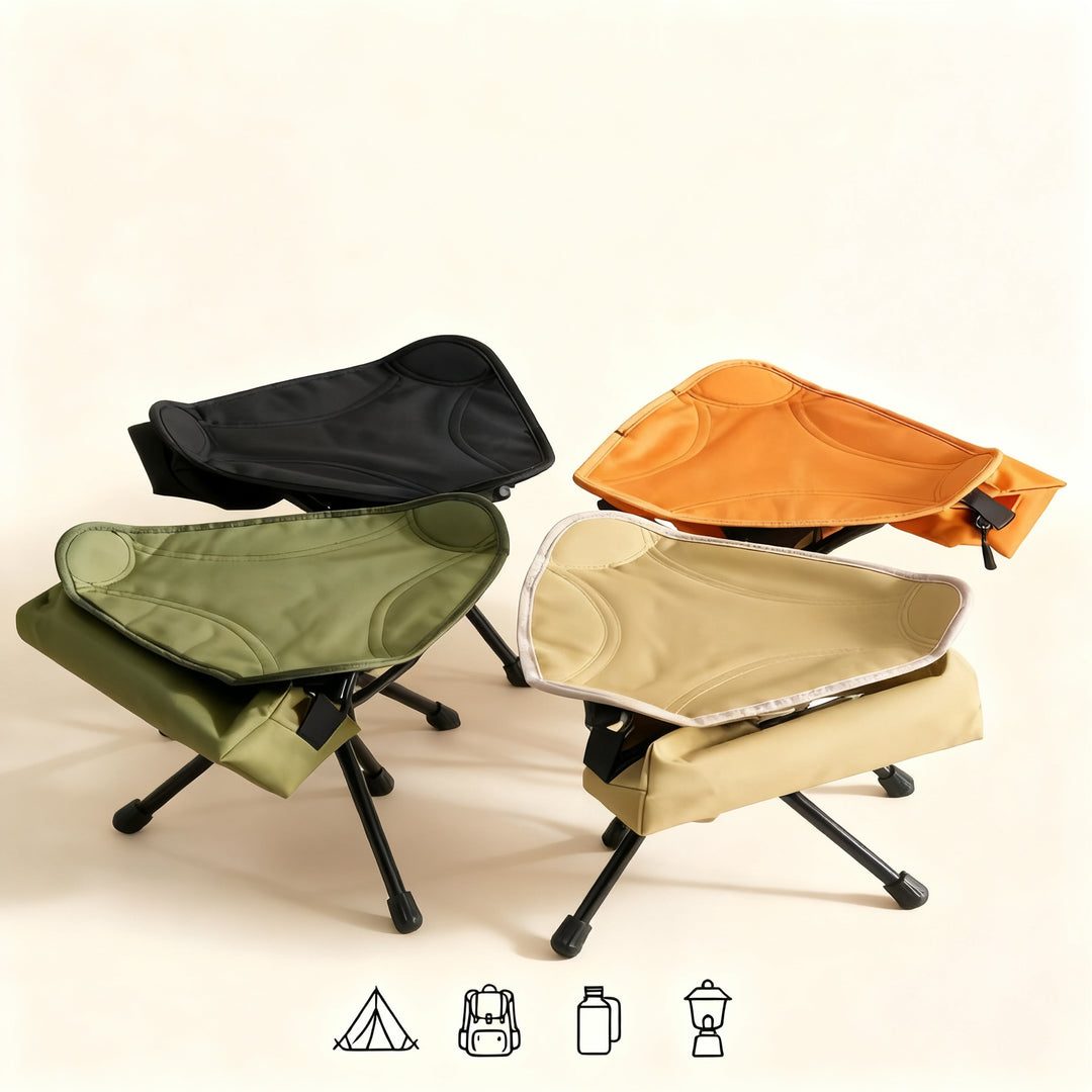 Foldable camping stool, triangular, steel frame