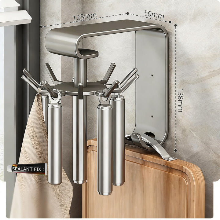 Rotatable wall hook for kitchen utensils, no drilling
